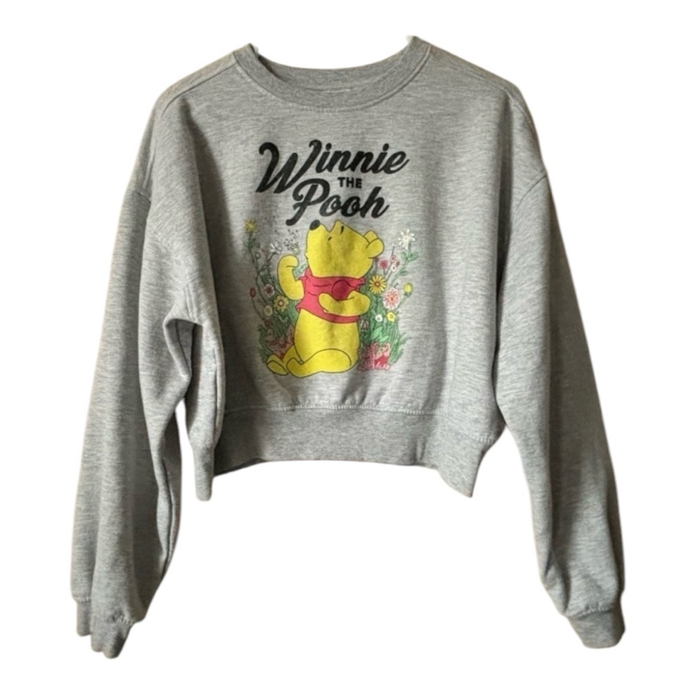 😍2/$20 Disney Winnie The Pooh Sz S Crop Fleece Lined Sweatshirt Gray EUC